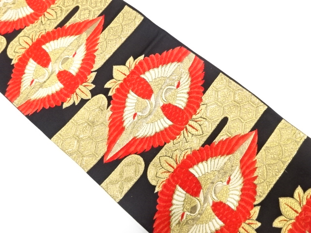 アンティーク　向かい鶴にヱ霞模様織り出し袋帯（着用可）